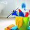 Bathroom cleaning tools bucket with spray bottles and brushes