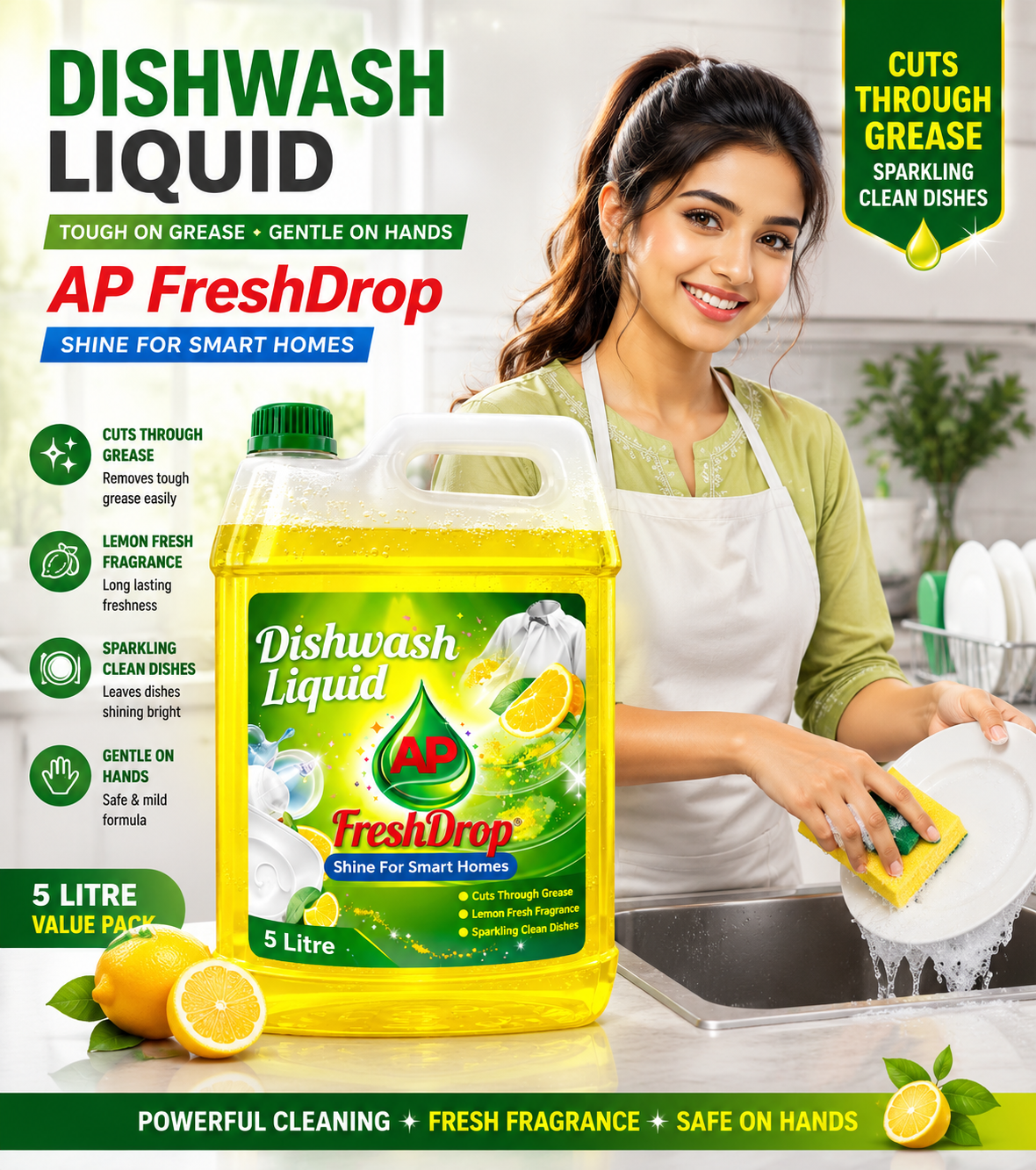 AP FreshDrop Dishwash Liquid 5 Litre – Powerful Grease Cleaning Formula