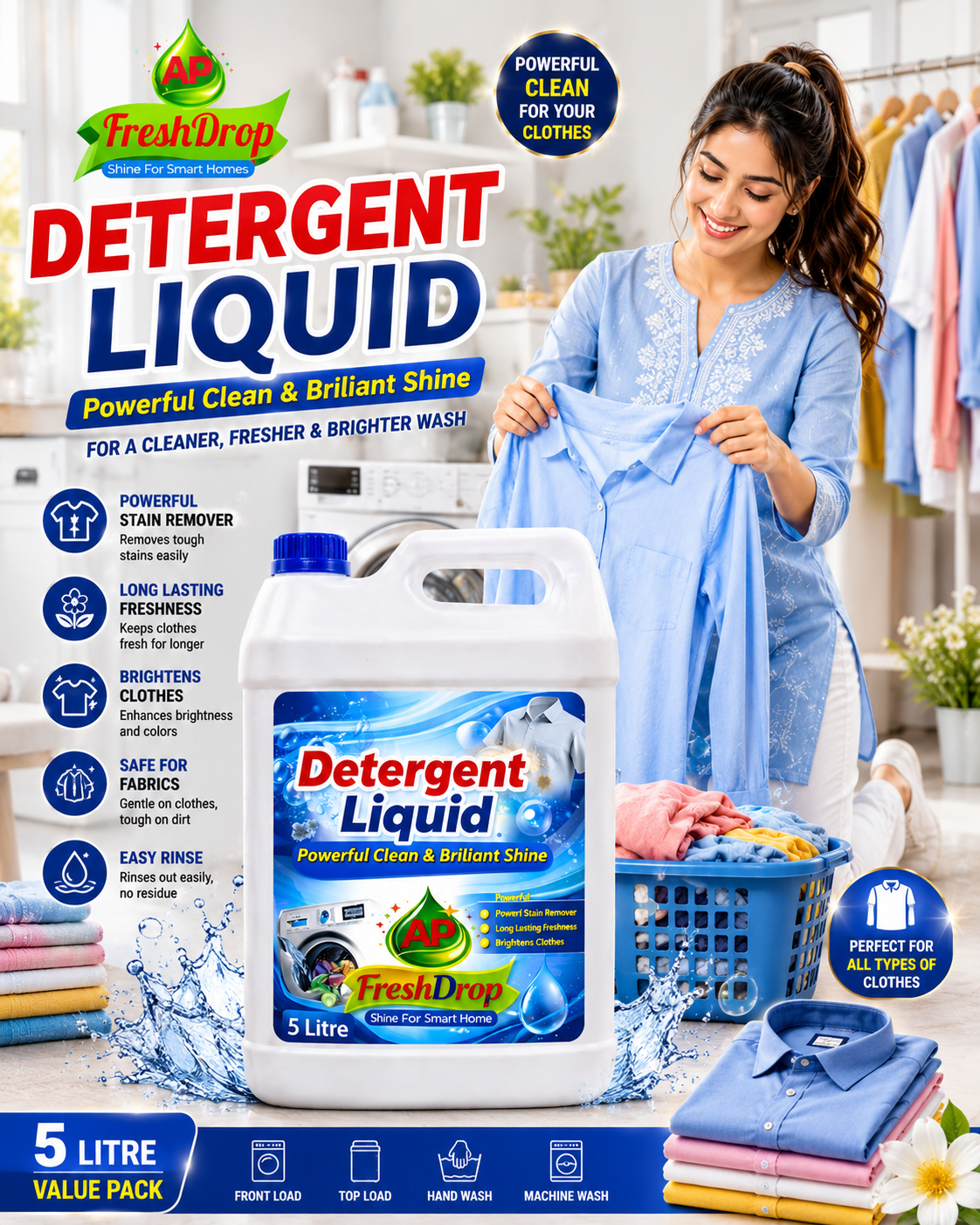 AP FreshDrop Detergent Liquid 5 Litre – Powerful Fabric Cleaning Solution