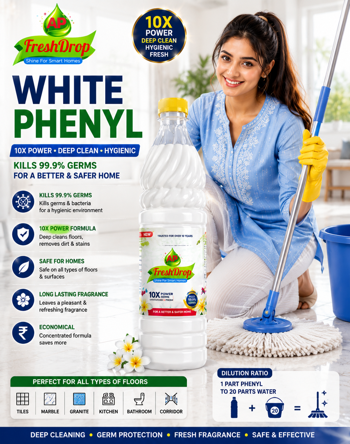 AP FreshDrop White Phenyl 1 Litre – Powerful Disinfectant Floor Cleaner