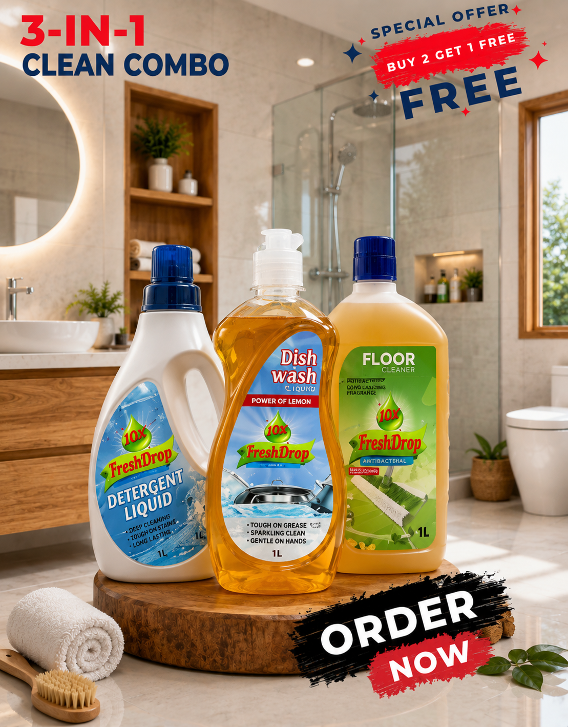 Home Cleaning Combo Pack (3 x 1 Litre) – Detergent Liquid, Car Shampoo & Floor Cleaner Value Pack