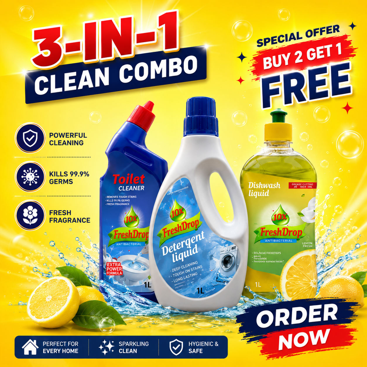 Toilet Cleaner, Dishwash Liquid & Detergent Liquid Combo Pack (3 x 500ml)