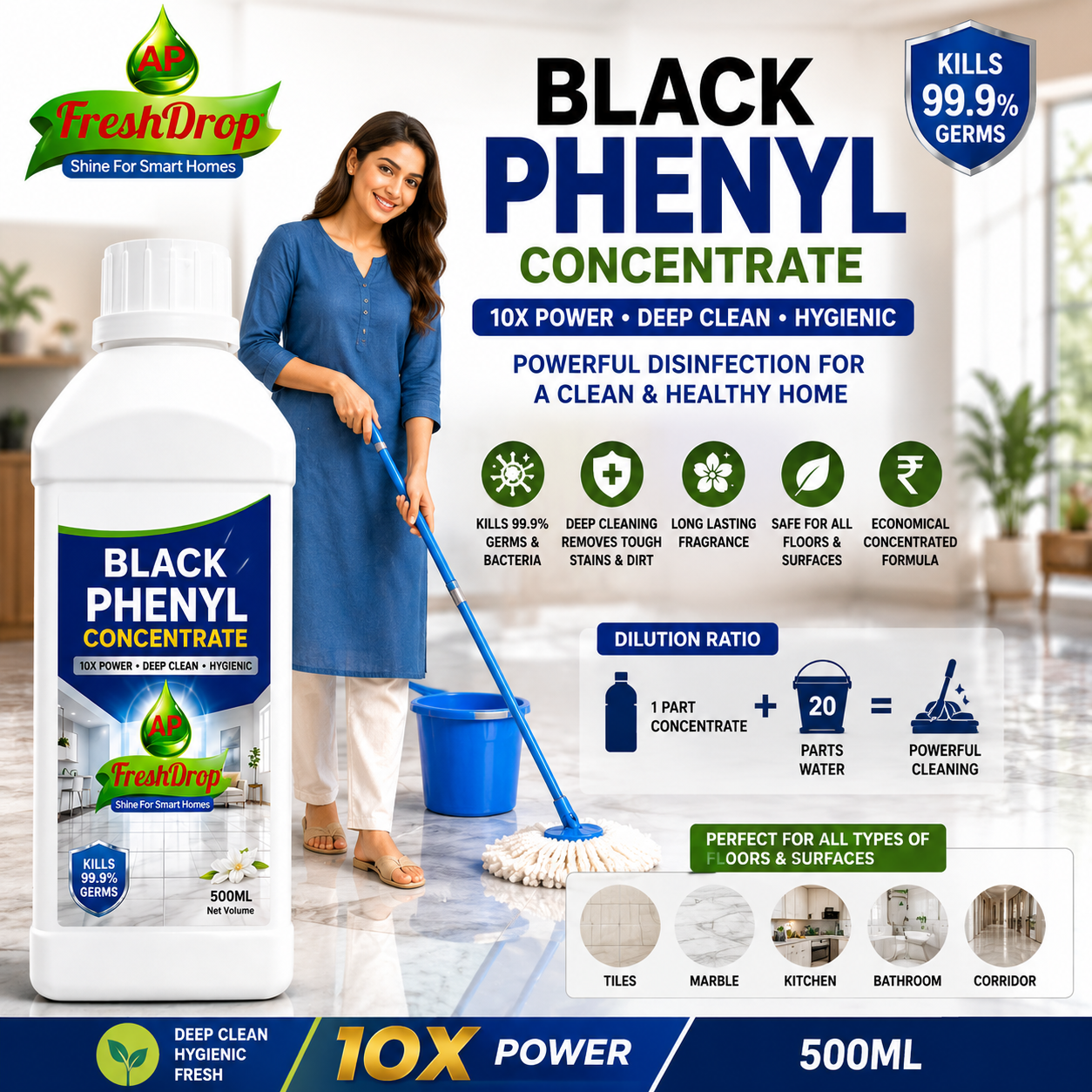 AP FreshDrop Black Phenyl Concentrate – Powerful Floor Disinfectant