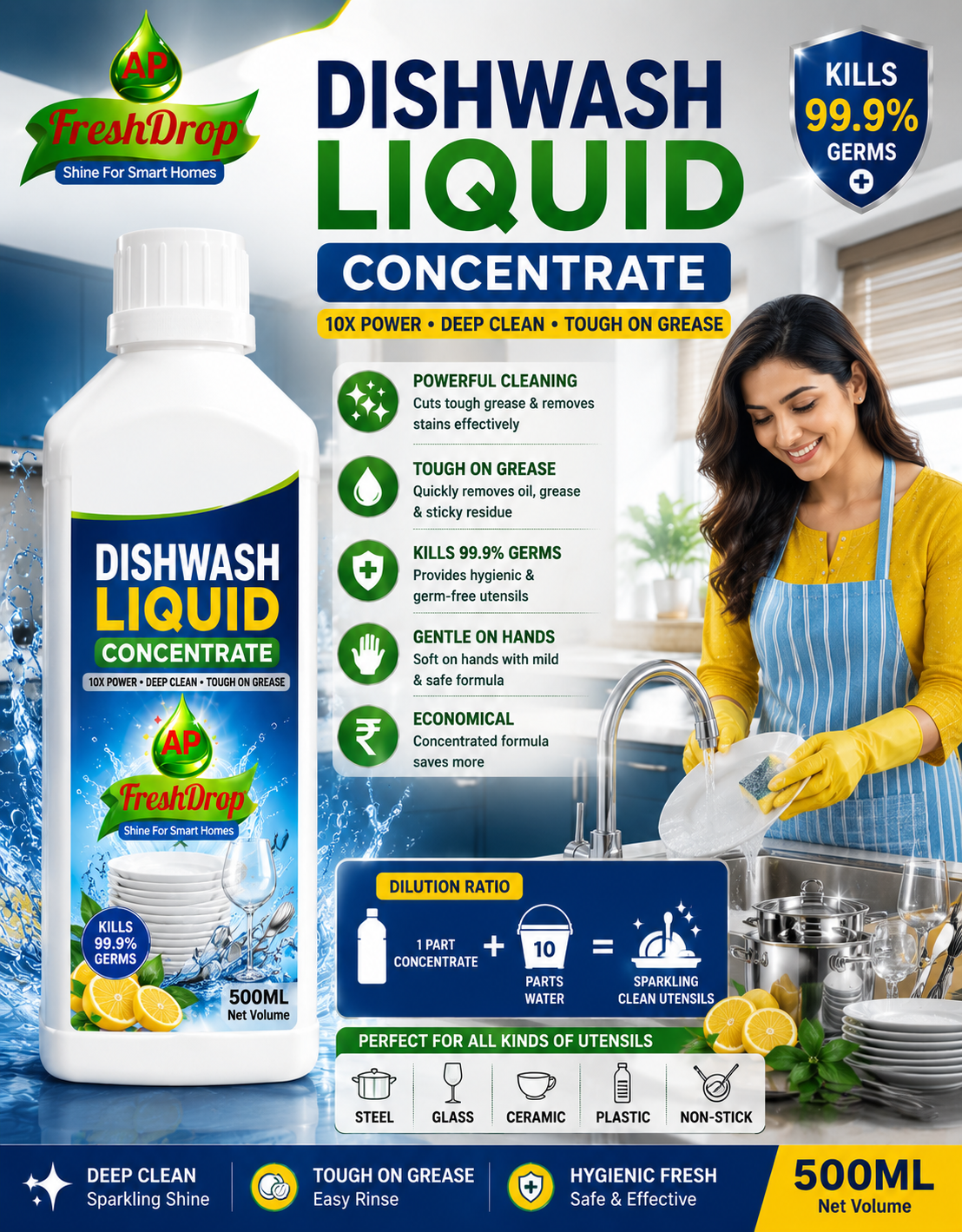 AP FreshDrop Dishwash Liquid Concentrate – Powerful Grease Cut Formula
