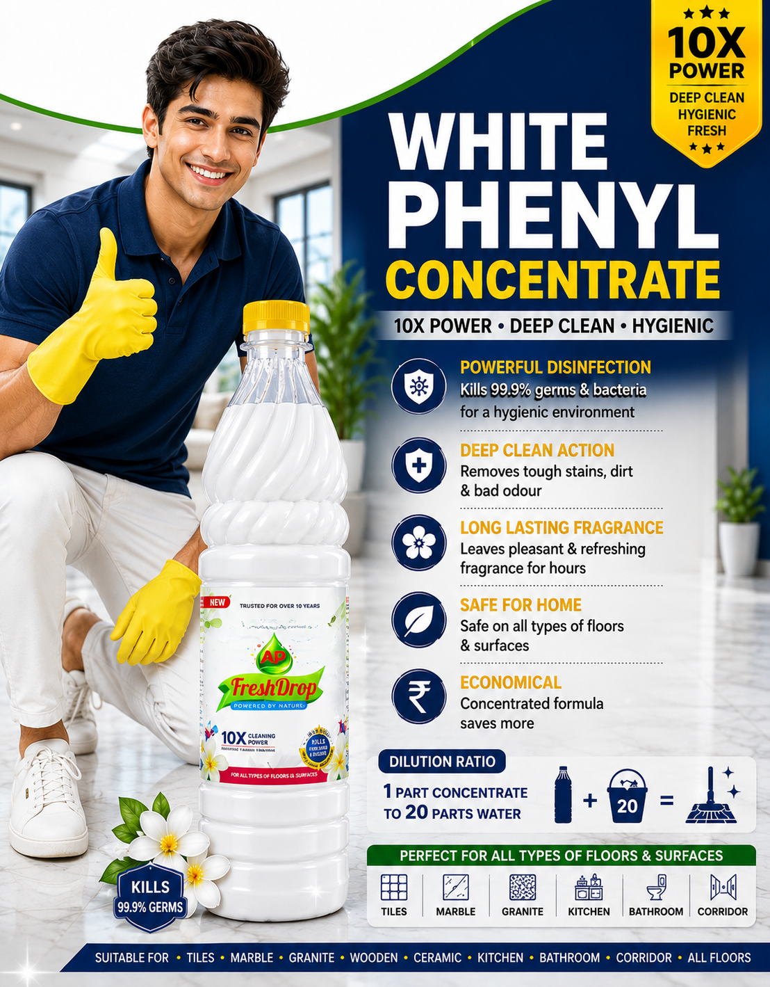 AP FreshDrop White Phenyl Concentrate – Advanced Disinfectant Floor Cleaner