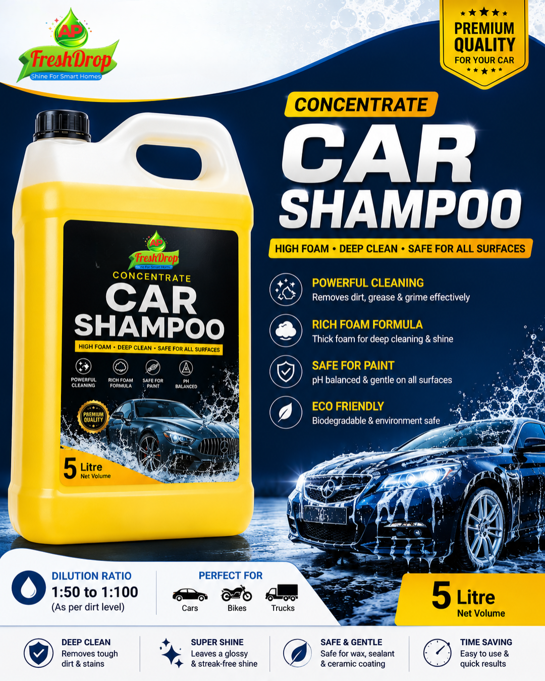 AP FreshDrop Car Shampoo 5 Litre | High Foam Car Washing Liquid
