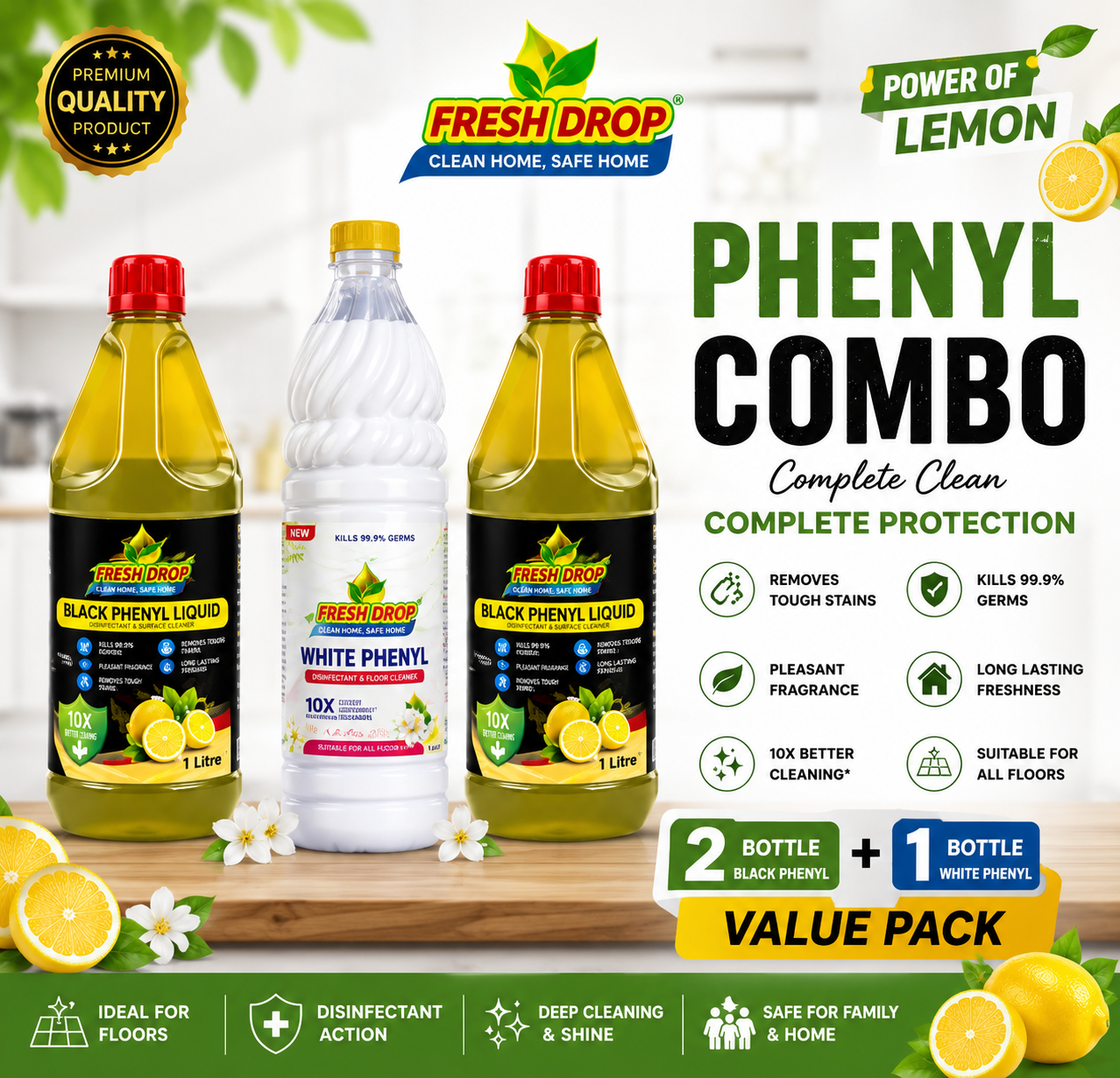 AP FreshDrop Phenyl Combo Pack – 2 Black Phenyl + 1 White Phenyl | Complete Floor Cleaning Solution
