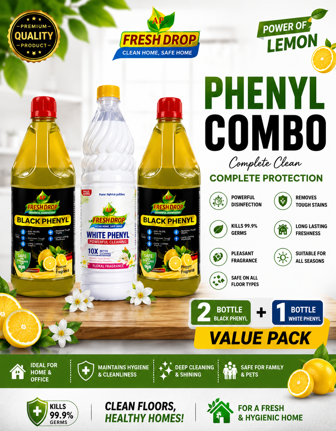 AP FreshDrop Phenyl Combo Pack – 2 Black Phenyl + 1 White Phenyl | Complete Floor Cleaning Solution