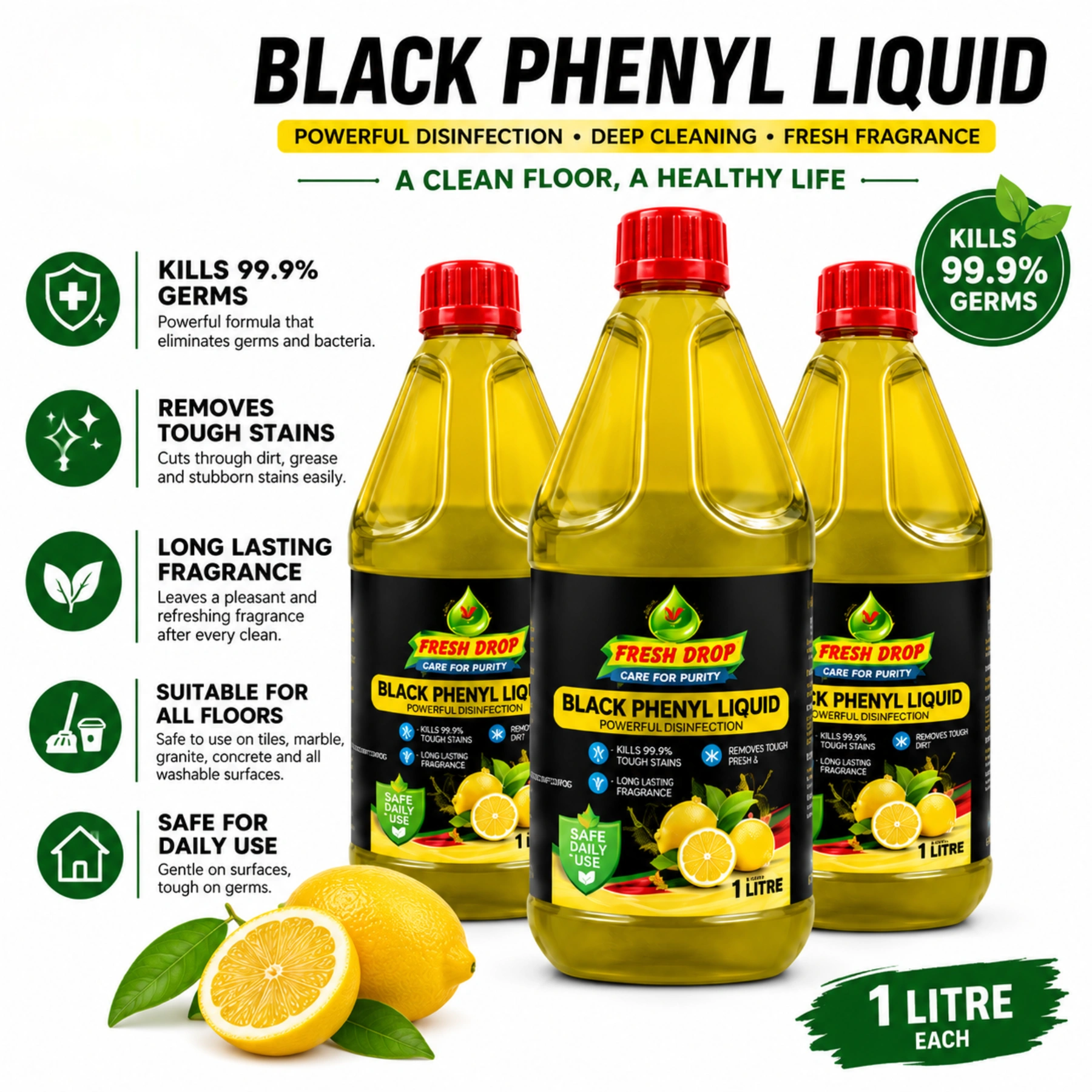 AP FreshDrop Black Phenyl 1 Litre Pack of 3 – Total 3 Litres
