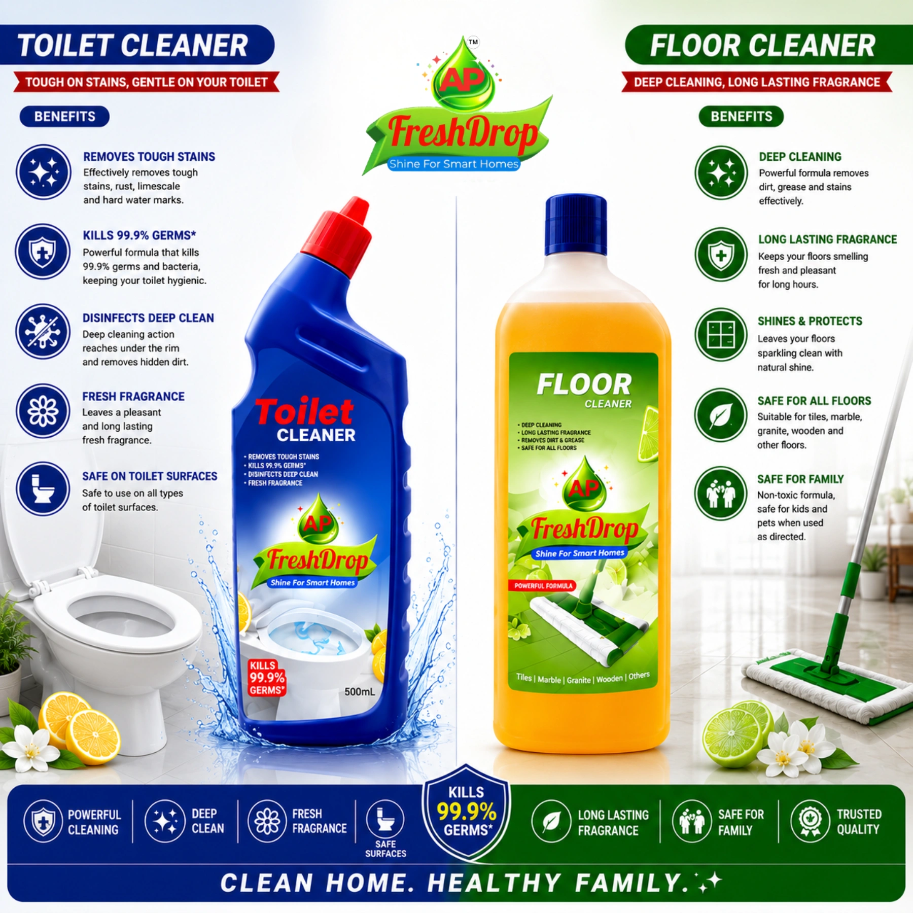 AP FreshDrop Cleaning Combo – 2 Toilet Cleaners 500ml Each + Floor Cleaner 500ml
