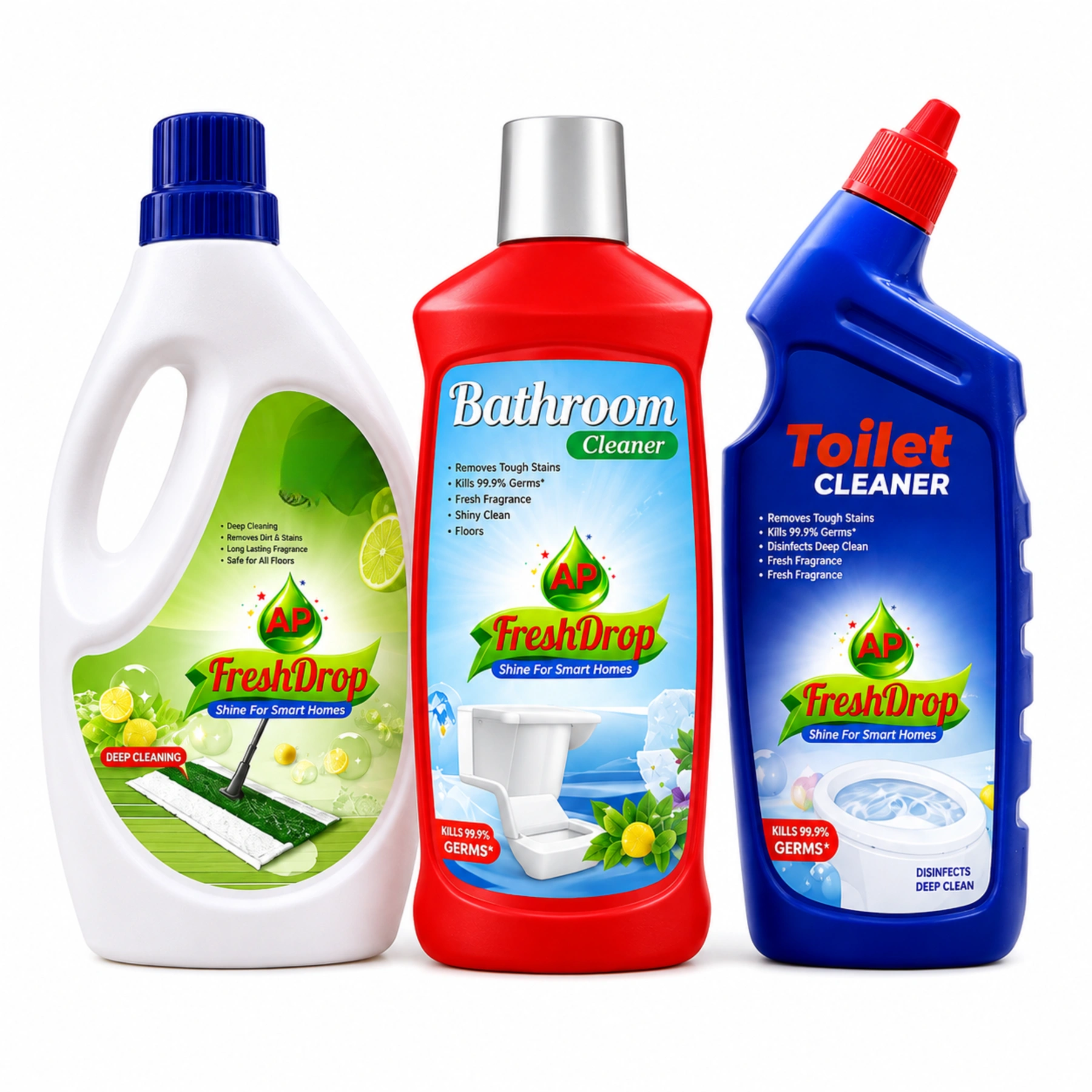 AP FreshDrop Home Cleaning Combo – Bathroom Cleaner, Toilet Cleaner & Detergent Liquid 500ml Each