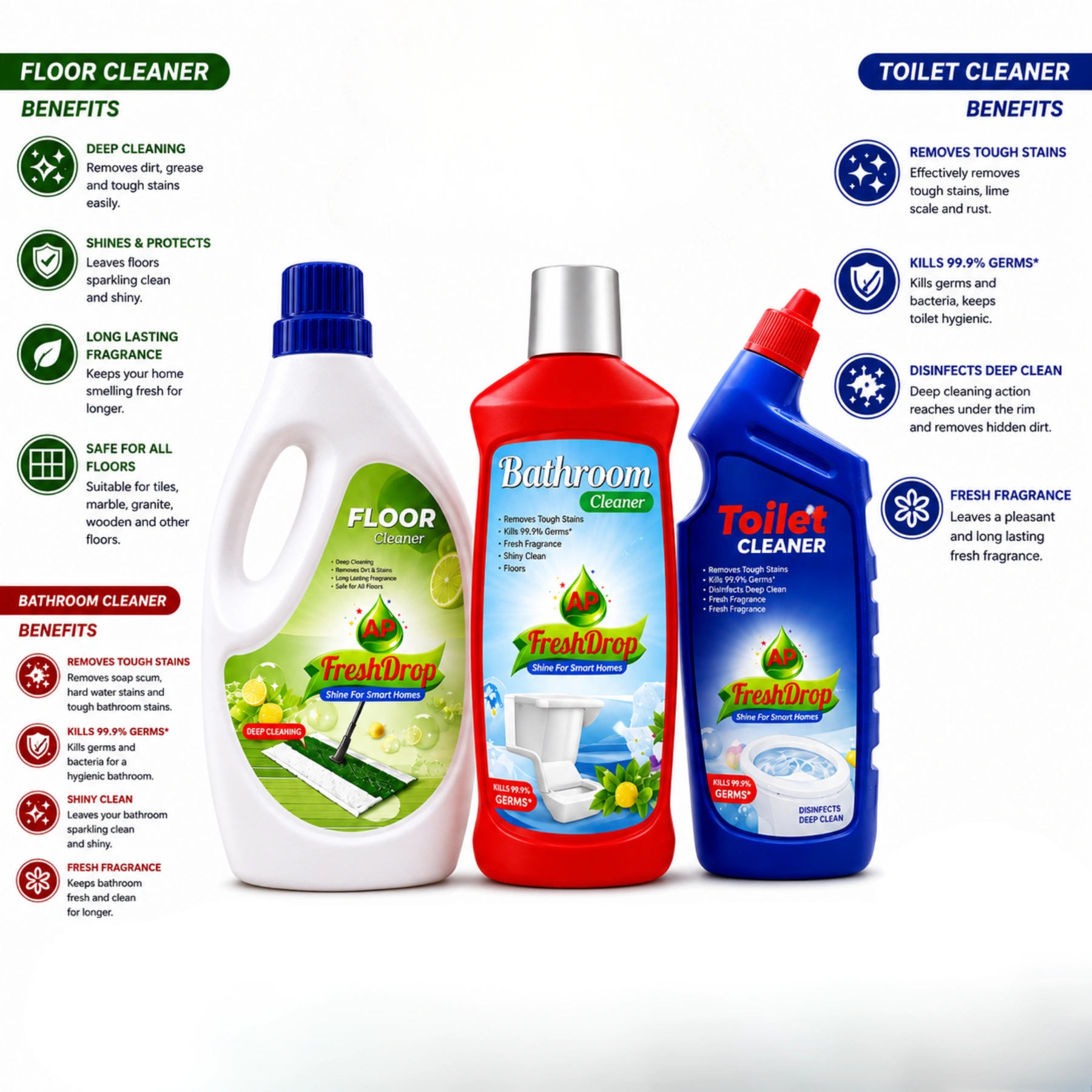 AP FreshDrop Home Cleaning Combo – Bathroom Cleaner, Toilet Cleaner & Detergent Liquid 500ml Each