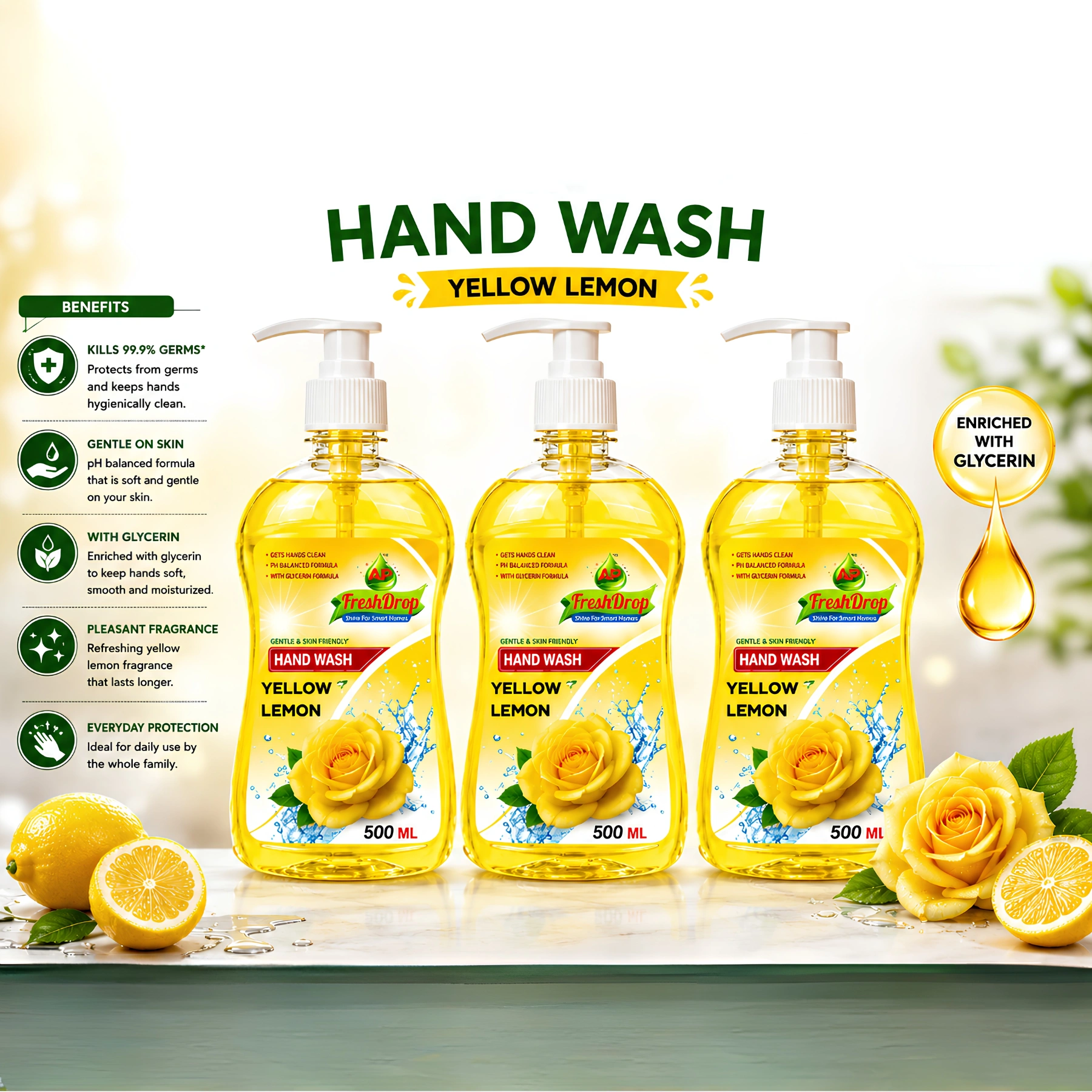 AP FreshDrop Yellow Lemon Hand Wash 500ml Pack of 3 – Total 1.5L