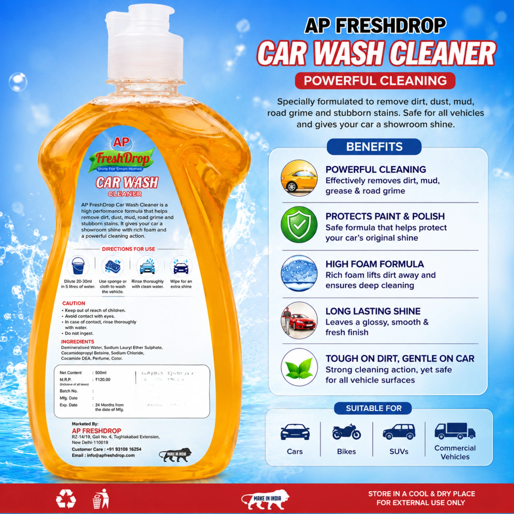 AP FreshDrop High Foam Car Shampoo 500ml Pack of 3 – Total 1.5L