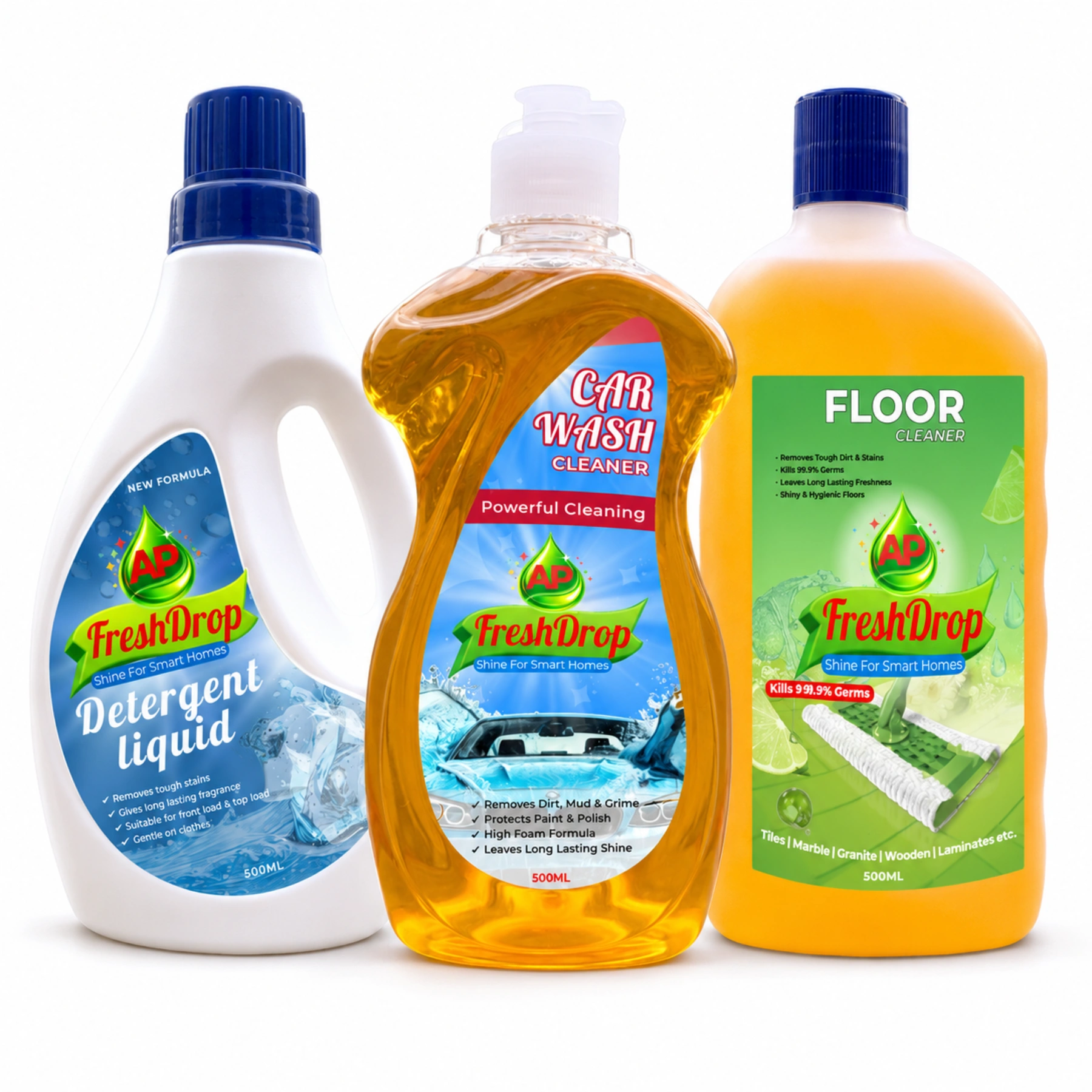 AP FreshDrop 3-in-1 Cleaning Combo – Floor Cleaner, Detergent Liquid & Car Shampoo 500ml Each