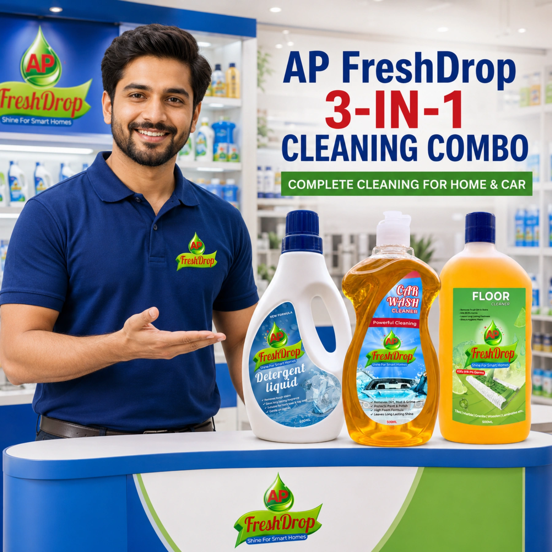 AP FreshDrop 3-in-1 Cleaning Combo – Floor Cleaner, Detergent Liquid & Car Shampoo 500ml Each