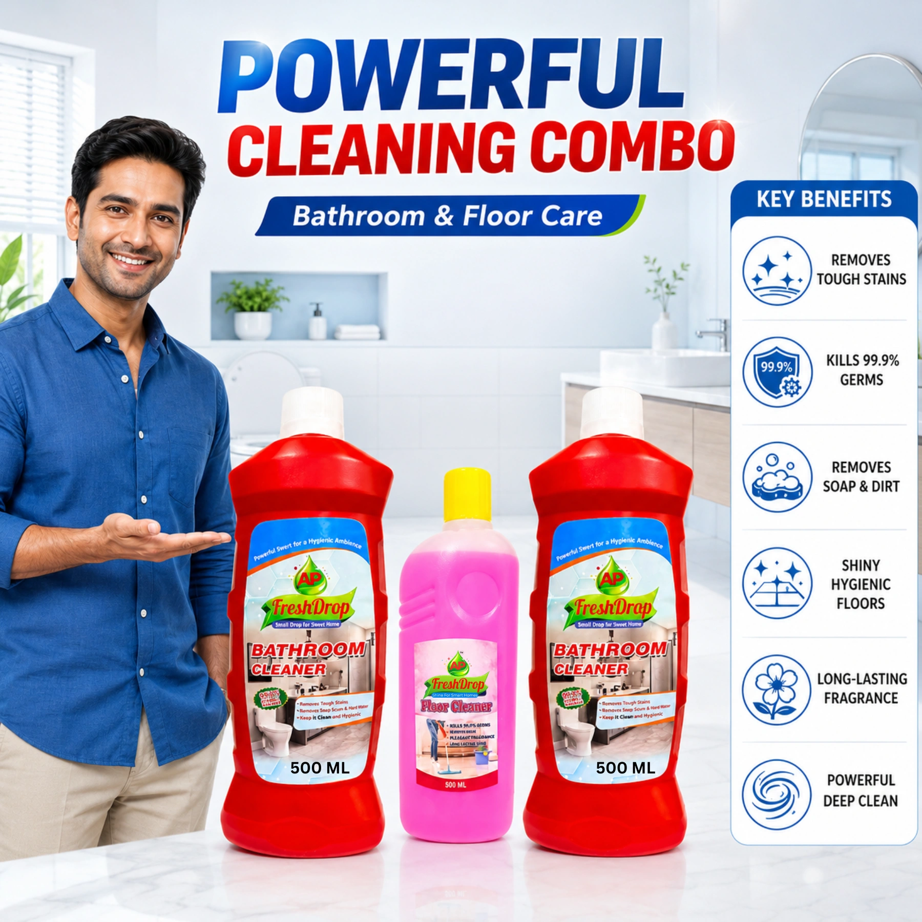 AP FreshDrop Cleaning Combo – 2 Bathroom Cleaners 500ml + 1 Floor Cleaner 500ml