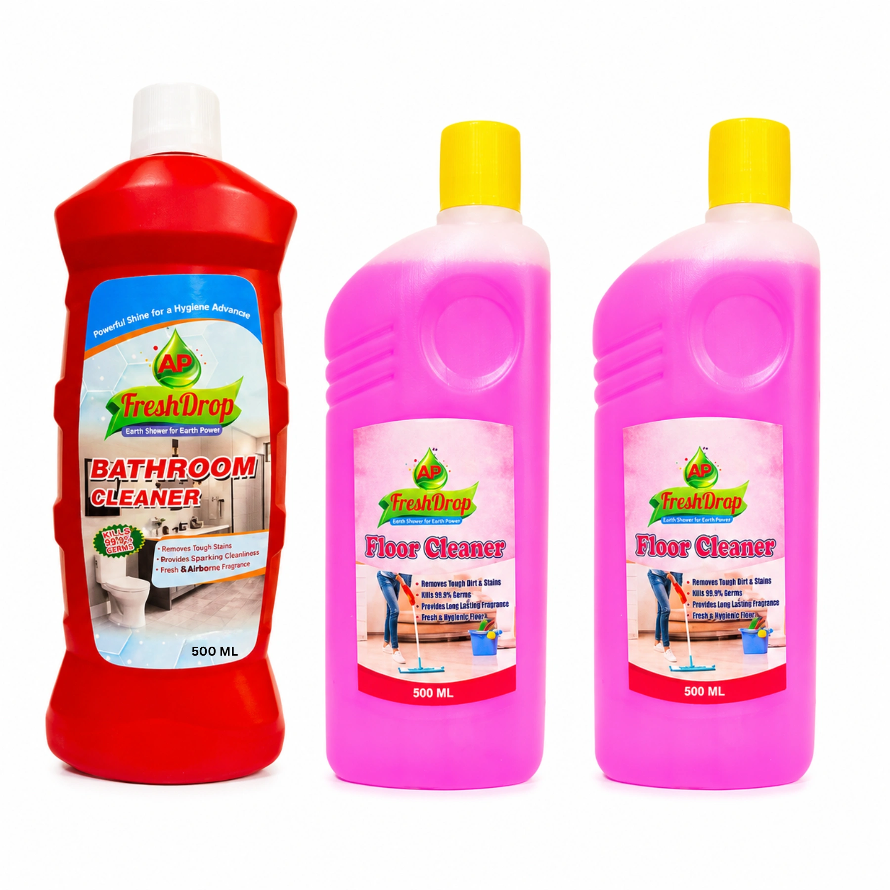 AP FreshDrop Cleaning Combo – 1 Bathroom Cleaner 500ml + 2 Floor Cleaners 500ml