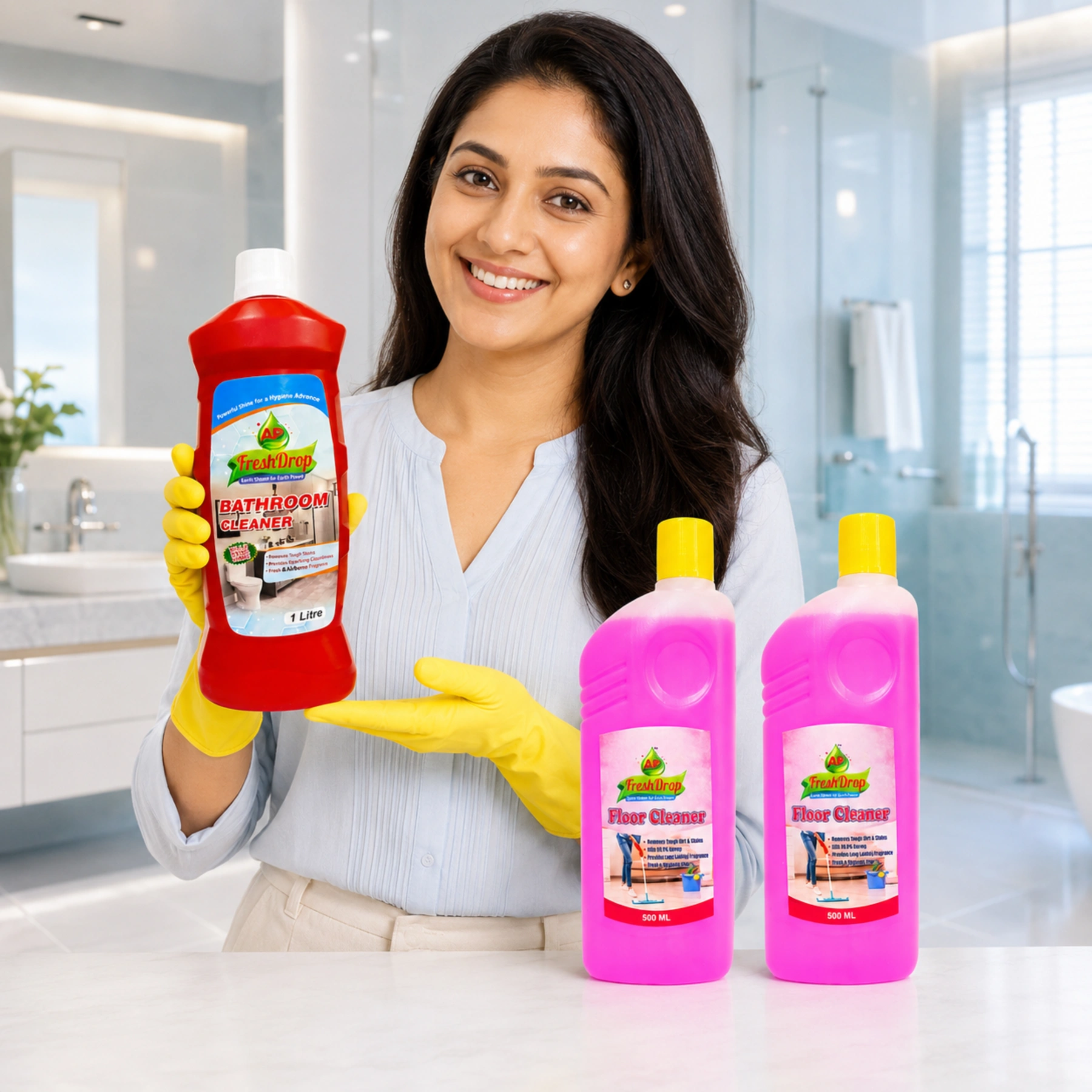 AP FreshDrop Cleaning Combo – 1 Bathroom Cleaner 500ml + 2 Floor Cleaners 500ml